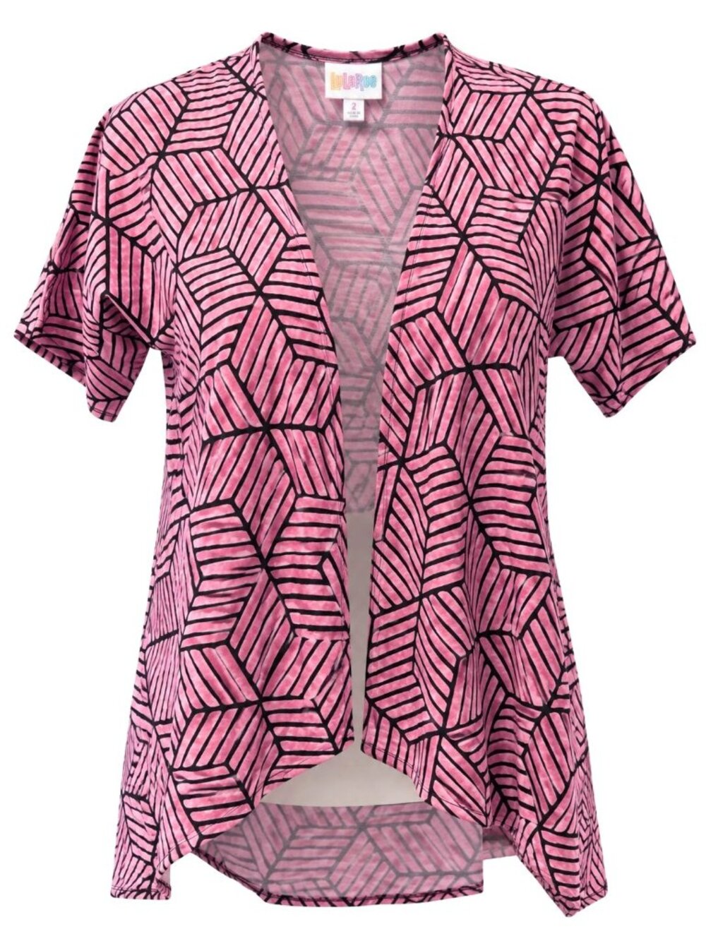 LuLaRoe Size 2 Pink Black Geometric Open Front Kimono Cardigan High Low Hem